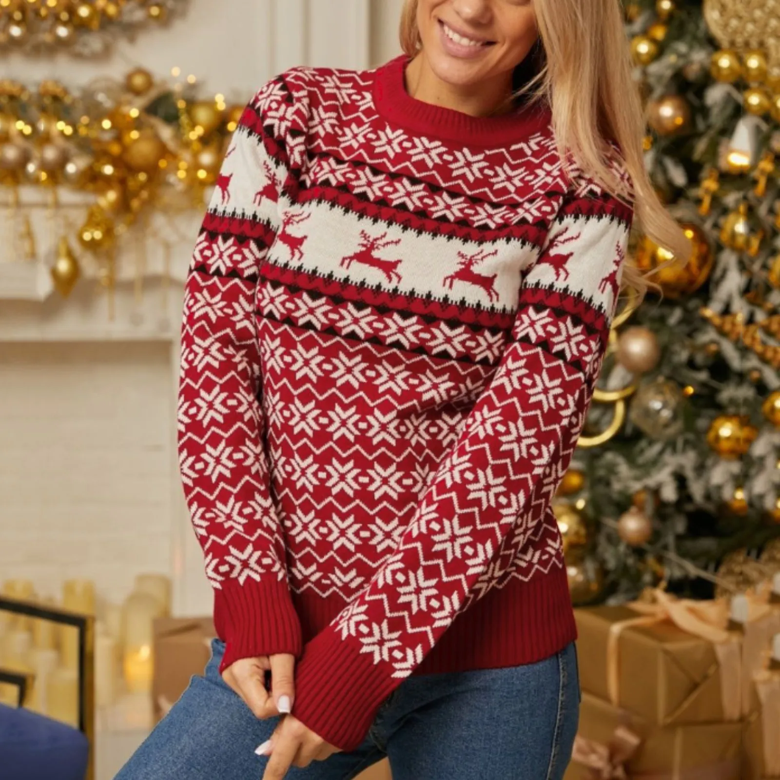 

Christmas Women's Loose Sweater Elk Jacquard Long Sleeve Sweater Top Female Clothing Patchwork Stylish Outwear Winter Pullovers