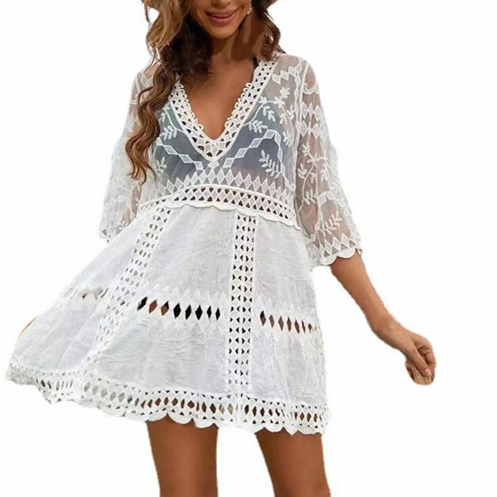 

Beach Smock Sexy Hollowed Out V Neck Bikini Swimsuit Swimsuit with Cover up for Women Sexy Beach Wear for Women Outfits Cover up