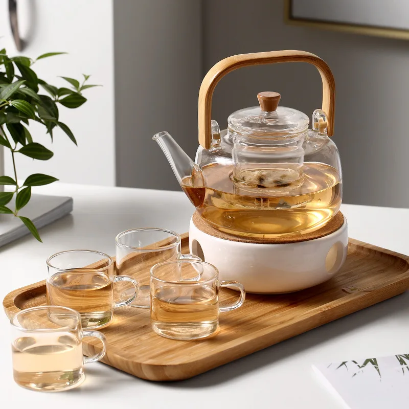 Japanese-style Thickened Glass Teapot Bamboo Handle Teaware Kung Fu Tea Set Household Heat-resistant Tea Pot and Tea Cup Set