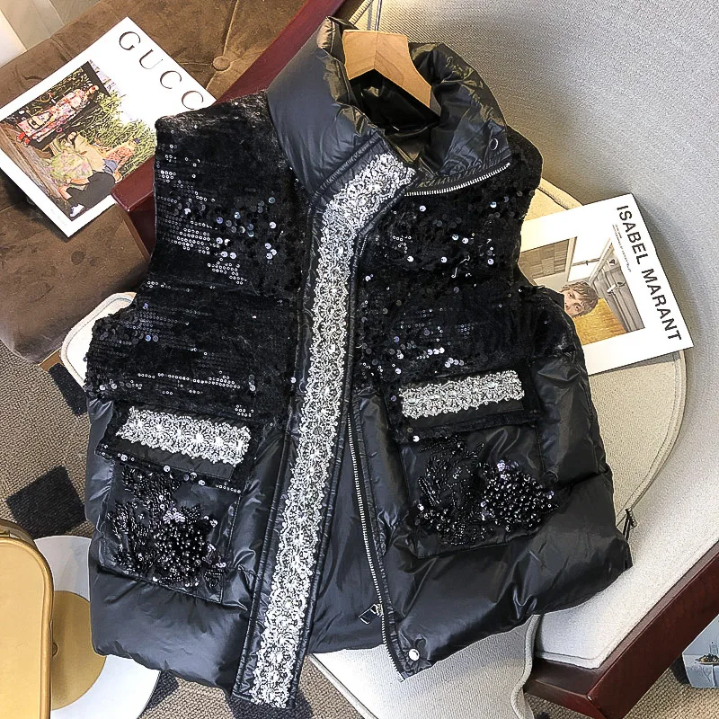 

Light Luxury Sequined Diamond Black Waistcoat Cotton Coat Women 2022 Winter Clothes High-Grade Stand Collar Thick Warm Vest Coat