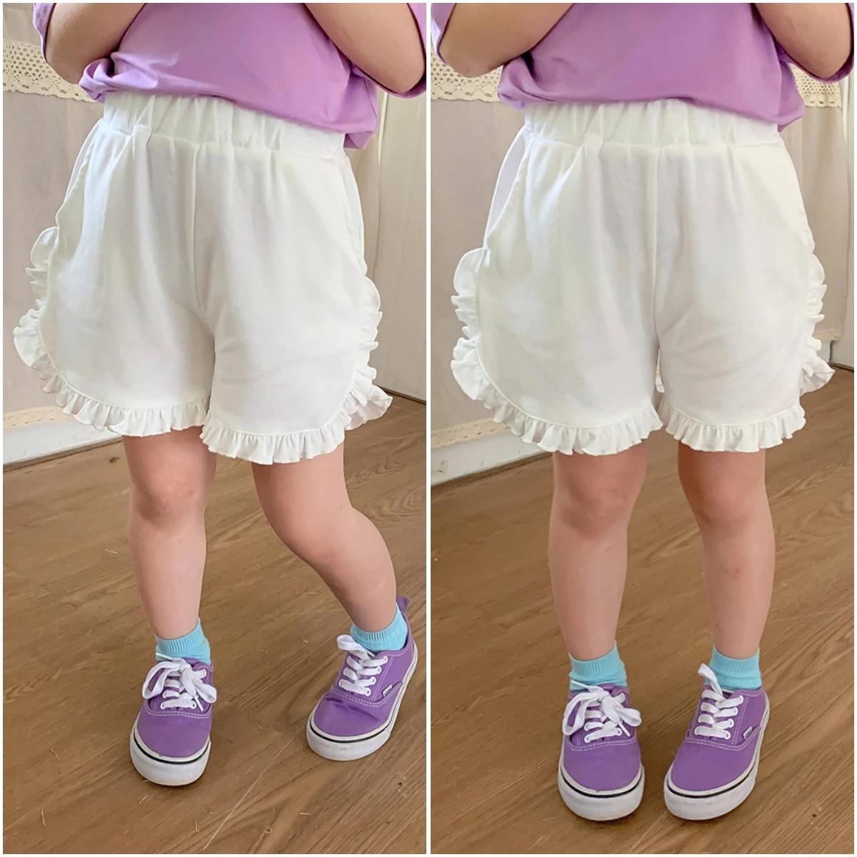 

2023 New Design Summer Knit White Shorts Little Girl 2 Years Toddler and Teenage Kids Ruffled Solid Pants Fashion Hot Shorts