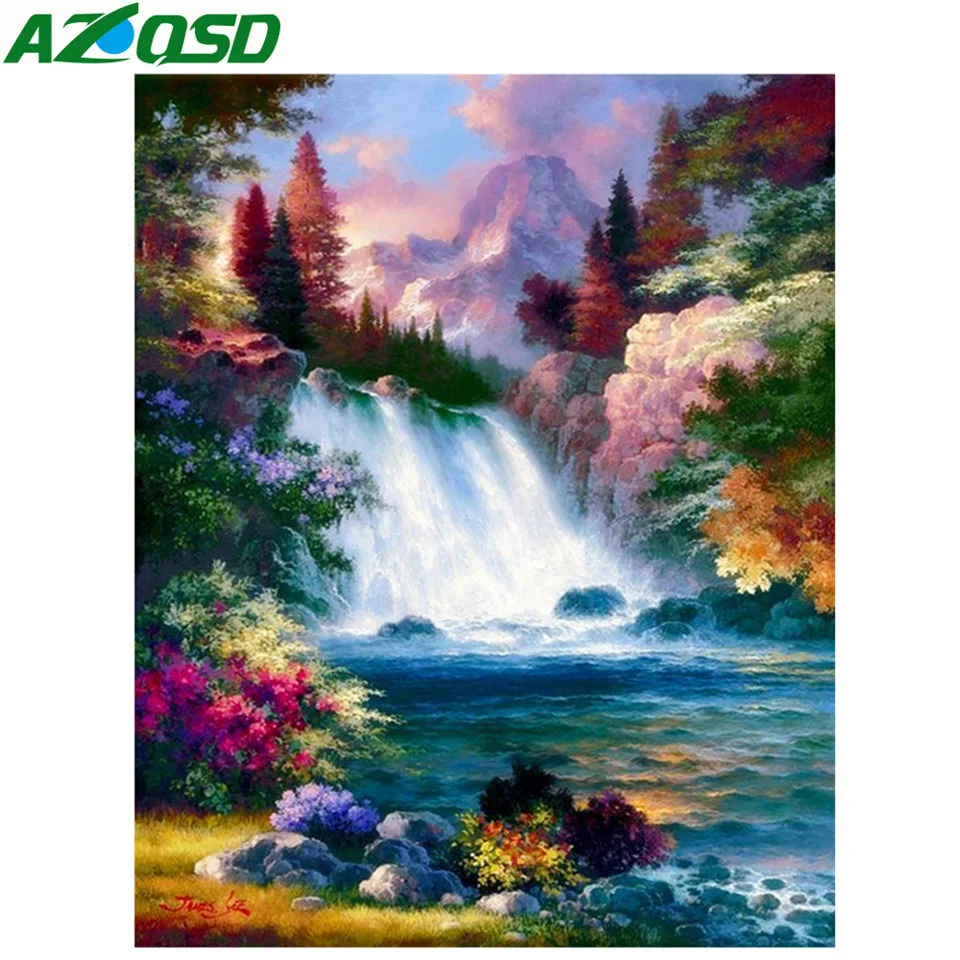 

AZQSD Diamond Painting Full Drill Landscape Home Decor Picture Of Rhinestones Diamond Mosaic Waterfall Cross Stitch Handicrafts
