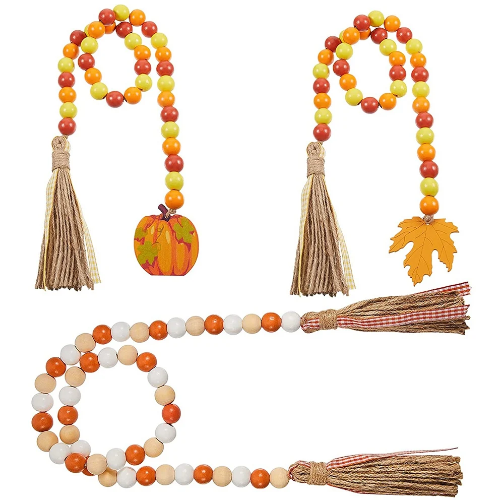 

3 Pieces Fall Wood Bead Garland with Tassel Colorful Wood Bead Decorations Pumpkin Maple Leaves Thanksgiving Decoration
