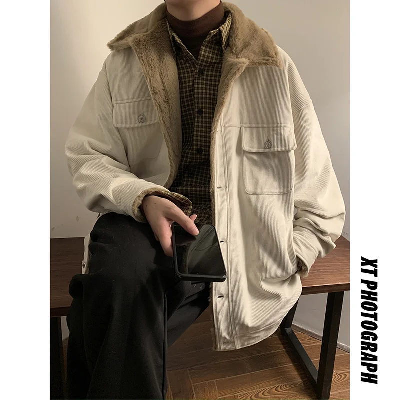 Winter Thicken Corduroy Jacket Men Warm Fashion Retro Lamb Wool Jackets Mens Streetwear Korean Loose Thick Short Coat Men M-2XL