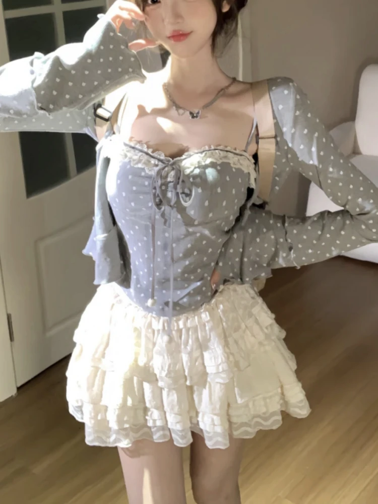 Японский сладкий кавайный вязаный комплект из 3 предметов женский осенний серый