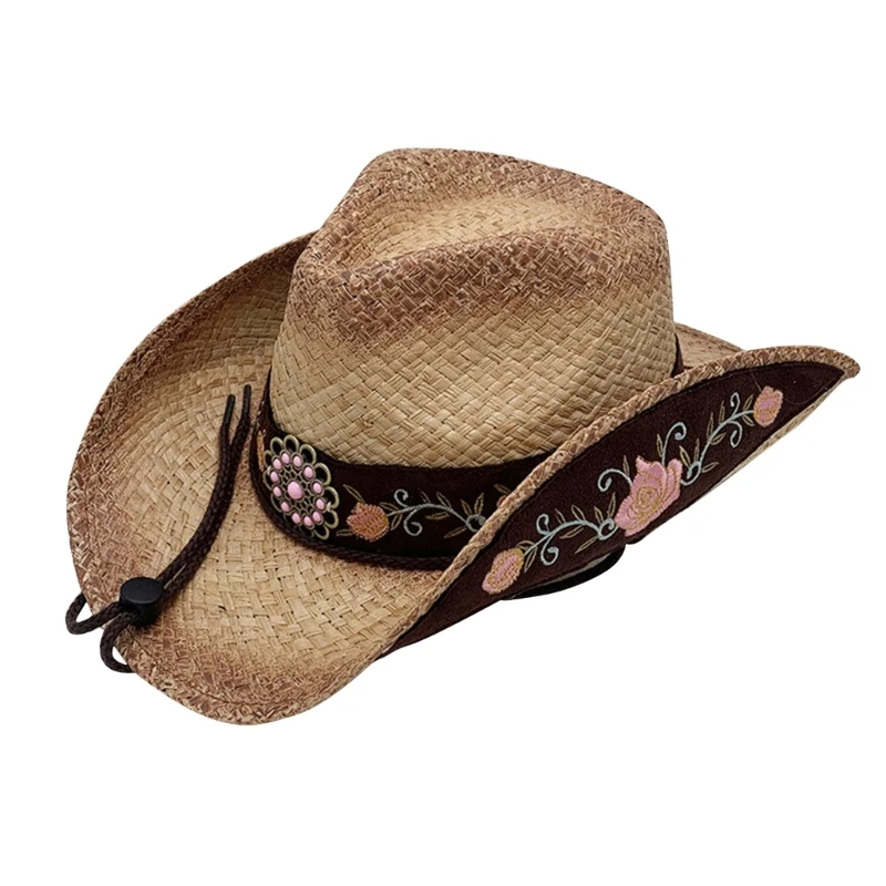 

Adult Embroidery Flower Straw Weaving Hat Lightweight Hat with Curled Brim Outdoor Seaside Hat Women Teenagers Hat