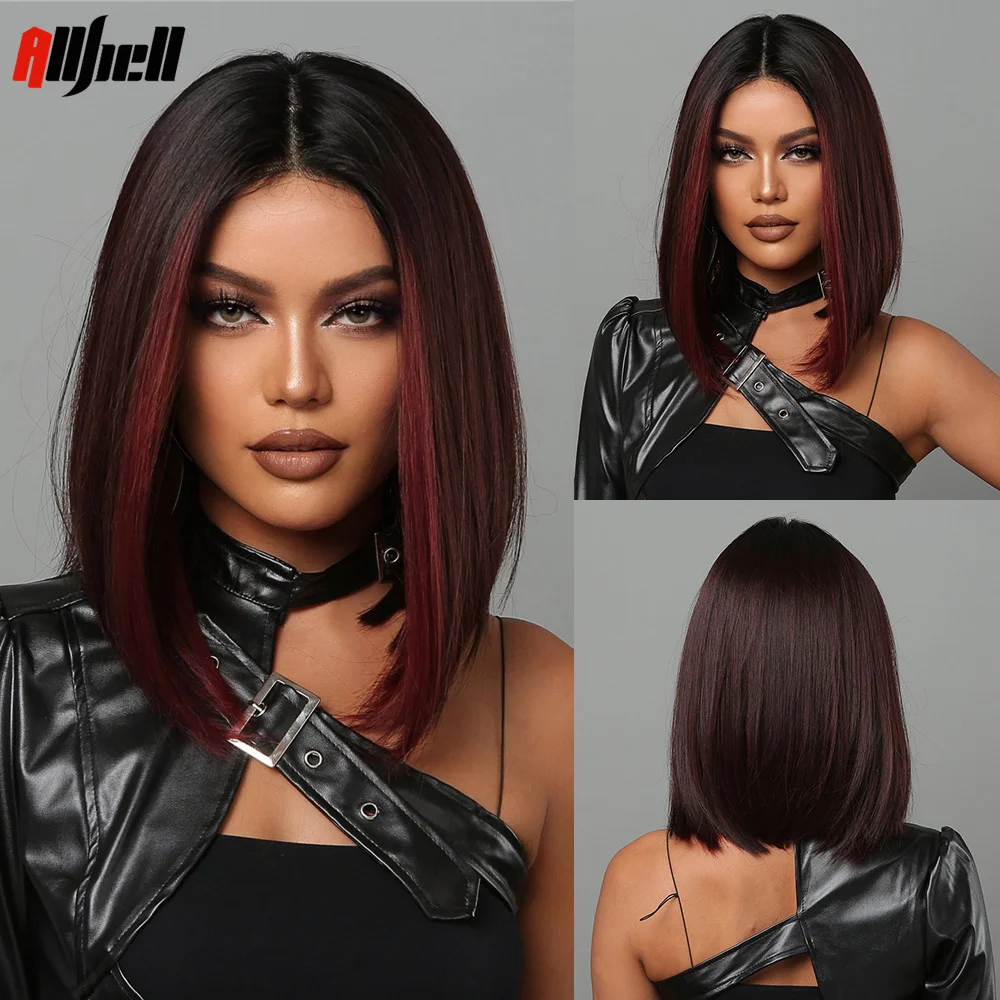 Medium Length Chestnut Brown Synthetic Wigs Middle Part Wine Red Highlights Straight Wig Heat Resistant for Women Party Cosplay