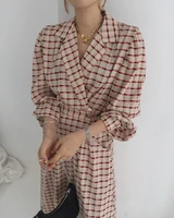 chic plaid shirt dress for women spring autumn streetwear long sleeve two buttons dress lady casual office wear vestidos