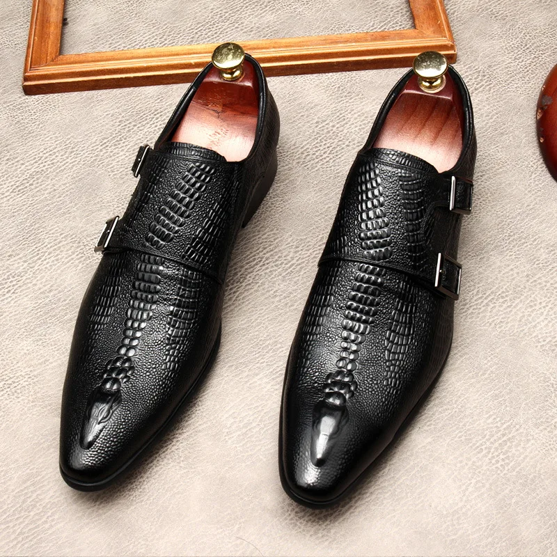 

Italian Designer Dress Shoes Men Genuine Leather Fashion Crocodile Pattern Buckle Oxfords Handmade New Loafers Wedding Shoes
