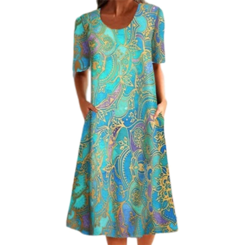 

Женское пляжное платье с коротким рукавом, Свободное длинное платье средней длины с глубоким вырезом и принтом Пейсли в стиле бохо, пляжный ...