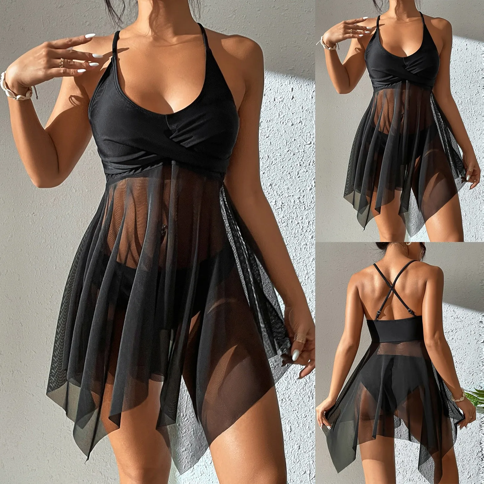 

Women Solid Mesh Swimdress Beachwear Beach Swimsuit High Waist Bottom Swimwear