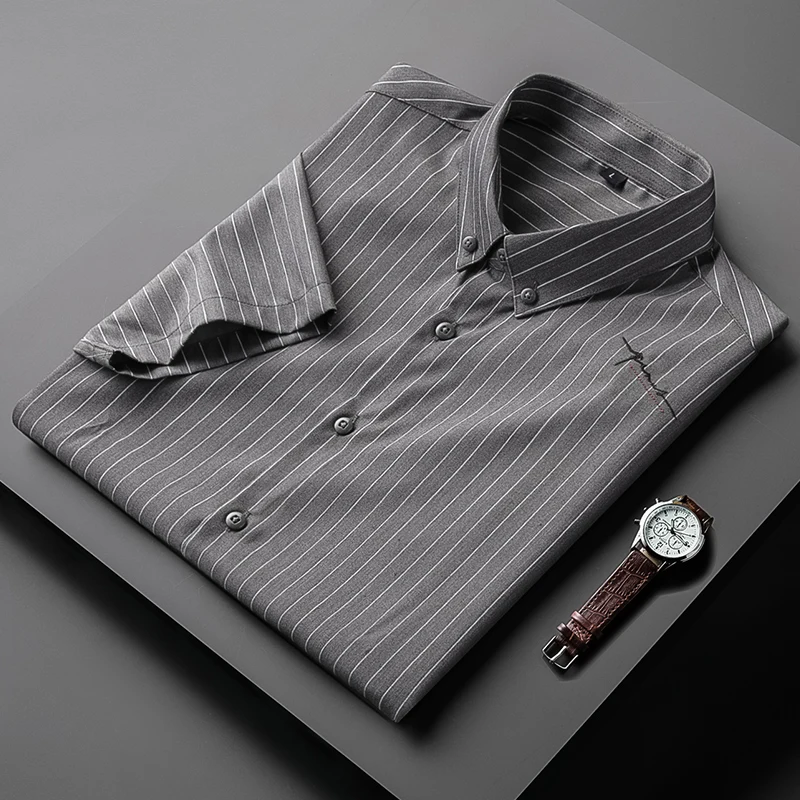 

2022 Men Summer New Short Sleeve Business Casual Shirts Male Stretch Slim Fit Shirts Mens Ice Silk Comfortable Blouses G89