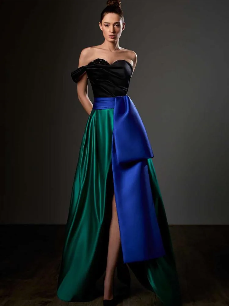 

Women's Evening Dress Black Blue Green Satin A Line Off Shoulder Evening Gown Long Sweetheart Split Backless Modern Party Dress