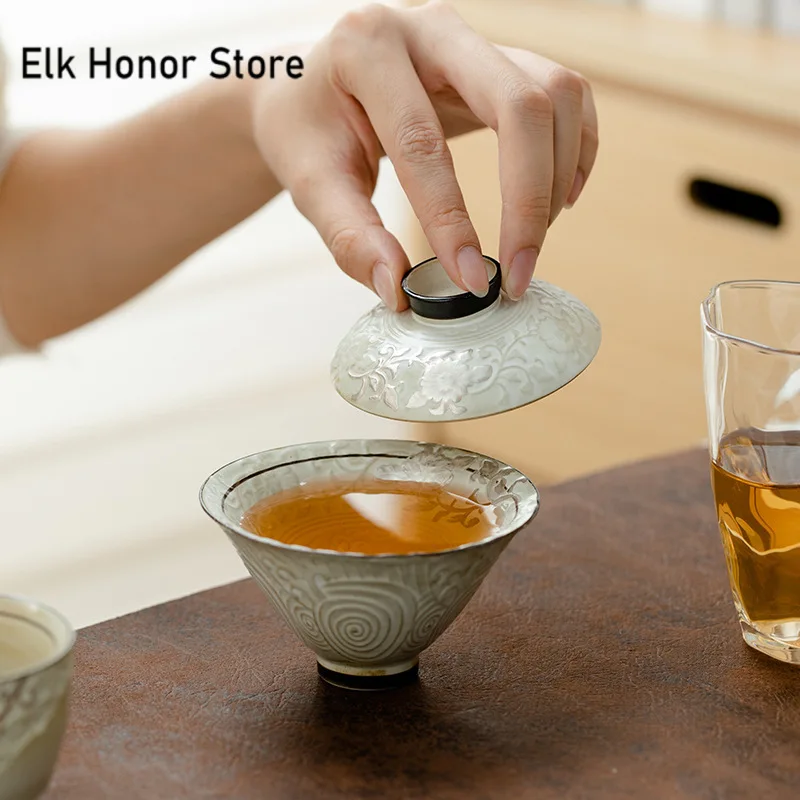 

Японский Порошок Белого Инь-белого Gaiwan 90 мл, спутанная резная чаша для чая с цветами, элегантная чайная чашка, чашка для чая, посуда для напитков, ручная работа