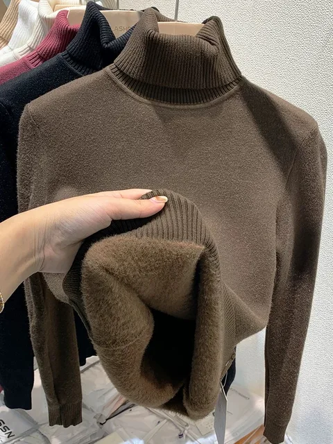 Turtleneck Winter Sweater Women Elegant Thicken Velvet Lined Warm Female Knitted Pullover Slim Tops Basic Knitwear Jumper New 3