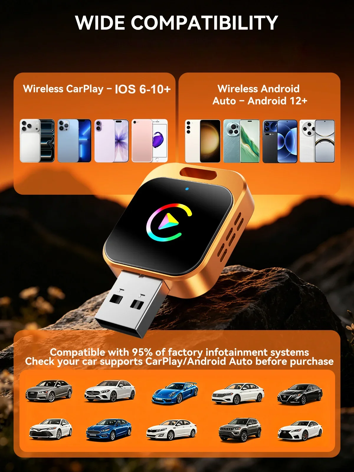 Фото Беспроводной адаптер Calebe 2-в-1 для CarPlay и Android Auto, USB/USB-C, Bluetooth 5.0, Wi-Fi, для умных автомобильных систем №2
