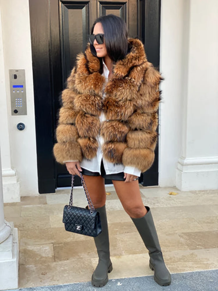 Europa y América 2021, chaqueta de piel de mapache pesada Natural con capucha grande de invierno para mujer, abrigo de piel Real