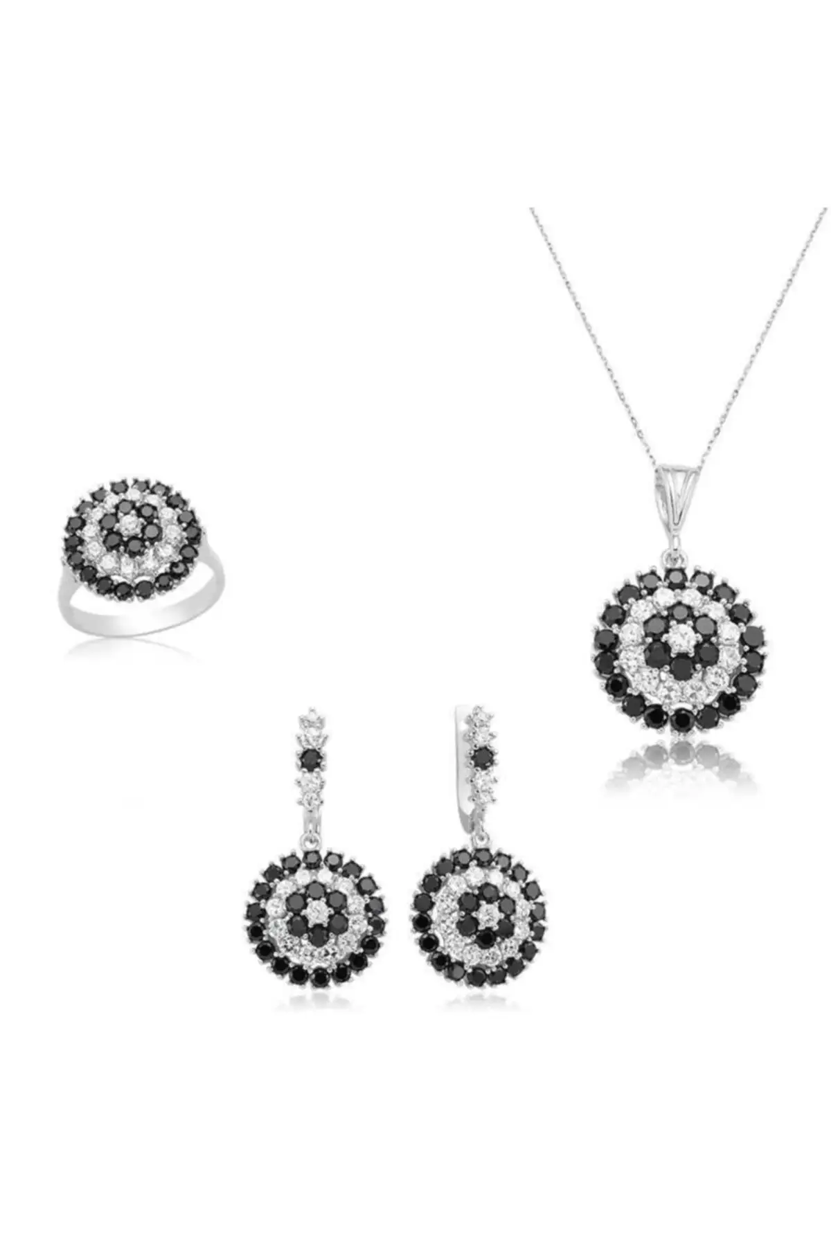 

Silver Black Flower Women 'S Set, earring pendant ring