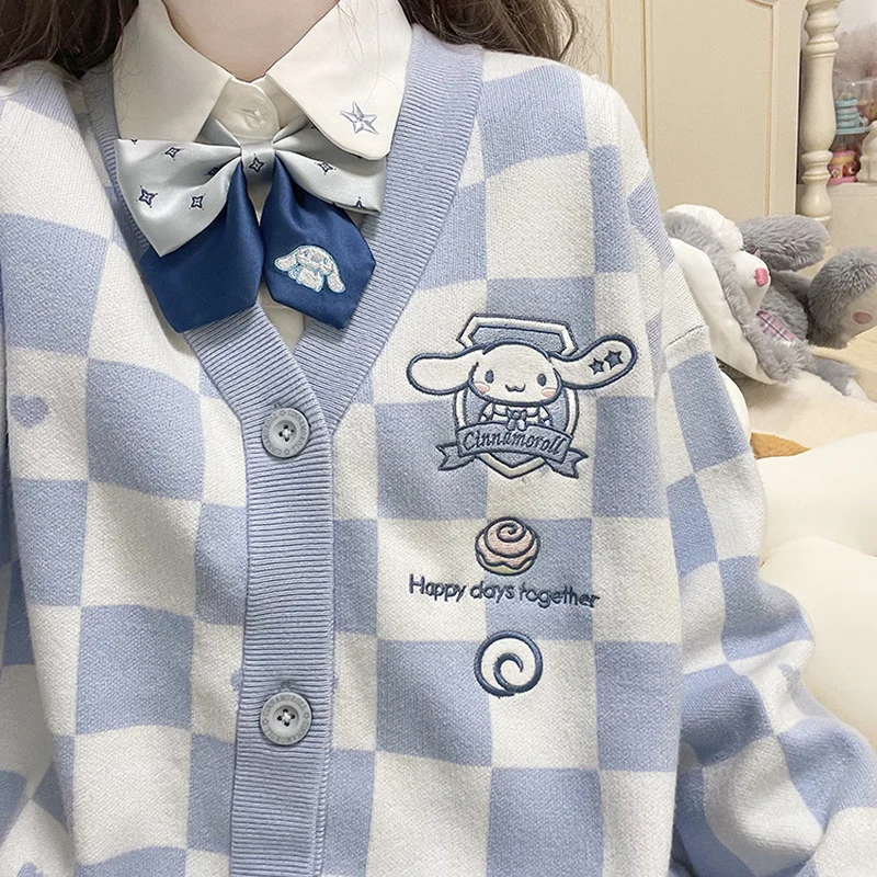 Кавайный мультяшный шахматный вязаный кардиган свитер My Melody Cinnamoroll Kuromi Purin Dog