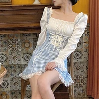 2021 new girl sweet japanese lolita dress women square collar bandage blue plaid gothic mini dress kawaii lace ruffles dresses