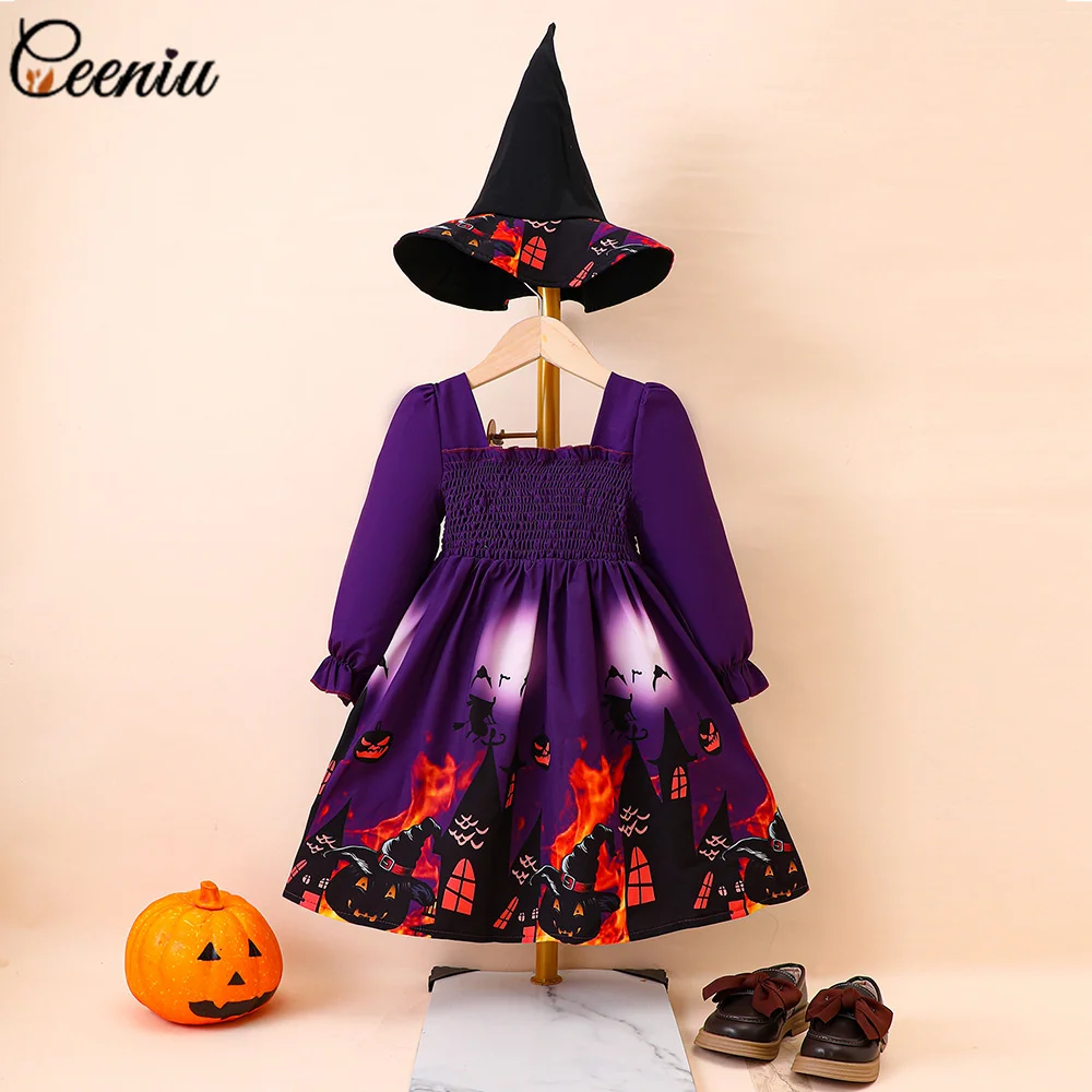 

Ceeniu Children Halloween Dresses For Girls Long Sleeve Performance Festival Dress With Witch Hat Kids Girls Halloween Costume