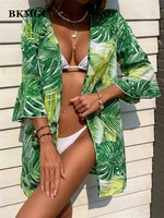 bkmgc sunscreen chiffon blouse green leaf printed beach blouse holiday sexy sunscreen clothing cardigan long swimsuit 2770