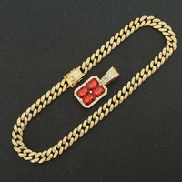 iced out cuban chains bling cz diamond ruby rubine rhinestone red stone pendants mens necklaces miami gold chain jewelry for men