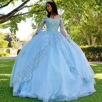 blue princess quinceanera dresses deep v neck flare full sleeve party prom vestido appliques beads for 15 girls ball gowns