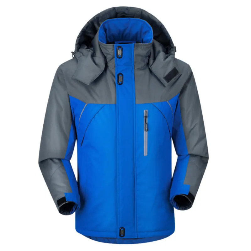 Men's Jacket Winter Thickened Warm Ski Waterproof Hooded Jacket Outdoor Camping Color Block Thick Zipper Windproof Parker Coat