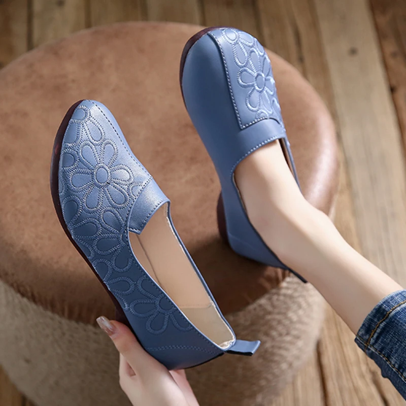 

Rimocy Flower Embroidery Women's Flats 2022 Comfort Non Slip Soft Bottom Mom Shoes Woman Vintage Flat Pu Leather Shoes Female