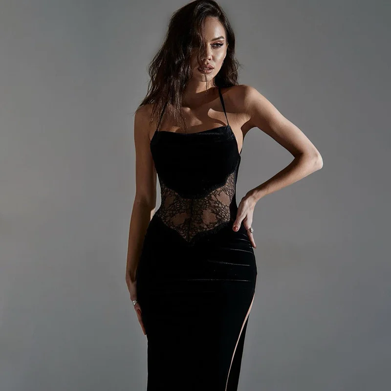 

2022 New Skirt Women Autumn Summer Lace Sexy Leaky Back Stitched Split Dress Women Ball Gown Elegant Fashion Velvet Off Shoulder