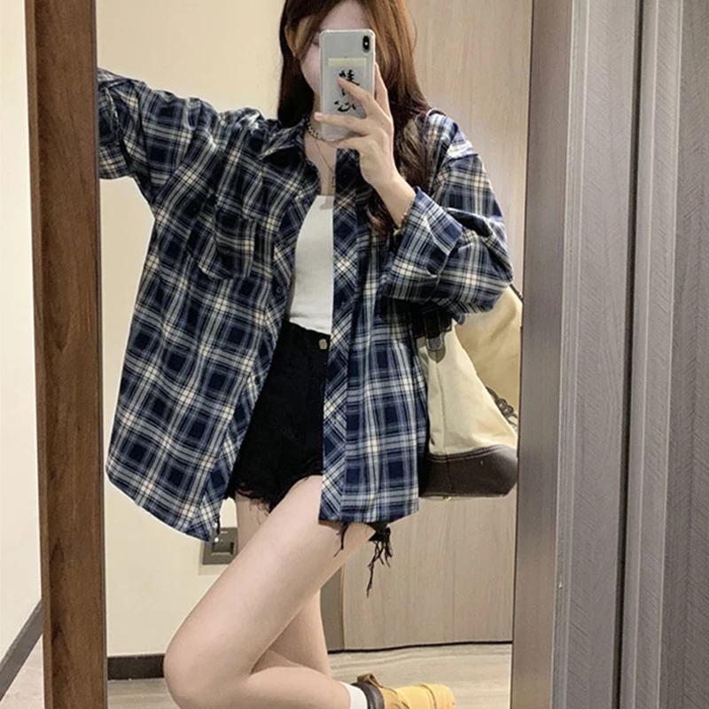 Темно-синие клетчатые блузки Женская мода с длинным рукавом Однобортная