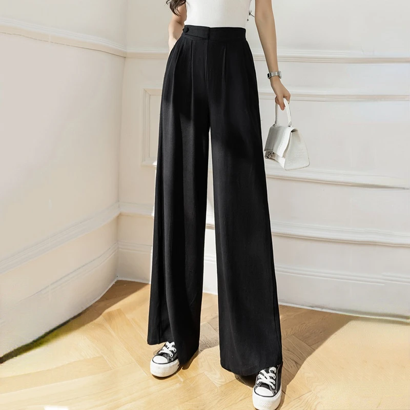 

2022 Spring Summer New Casual Trousers Fashion Draped High Waist Wide-leg Pants Ladies Cotton Linnen Loose Long Pants