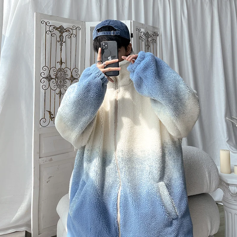 Winter Jacket Men Warm Fashion Gradient Thickened Lamb Wool Jacket Men Japanese Streetwear Loose Thick Short Coat Mens Clothes