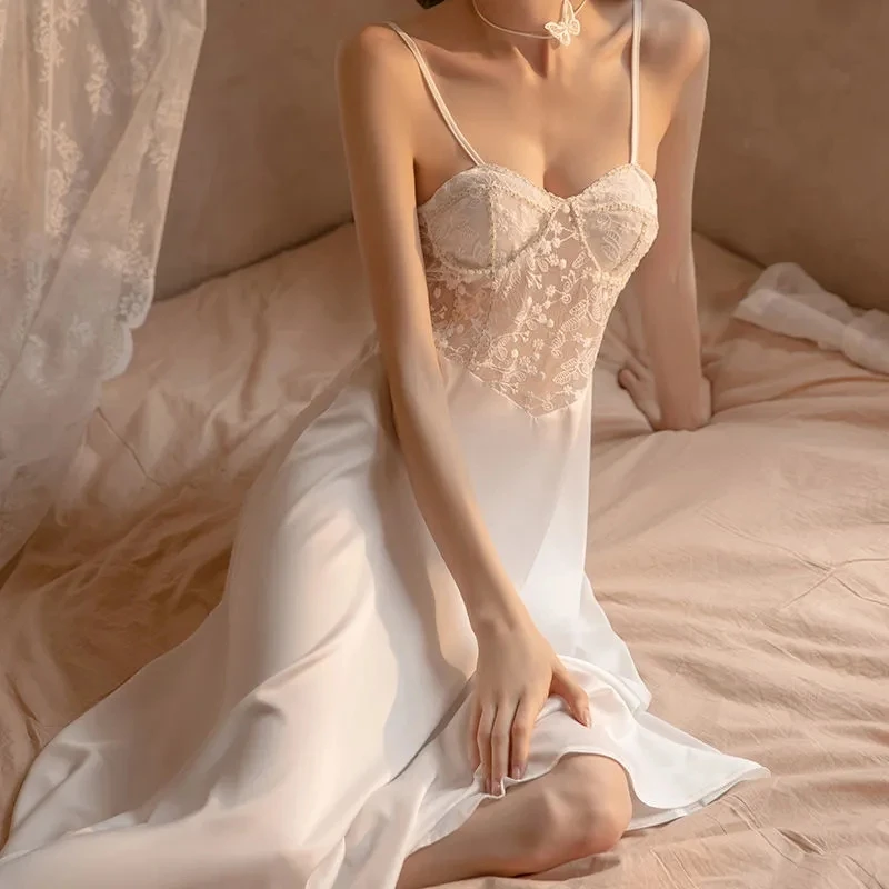 Summer Dresses Woman 2022 Sexy Lingerie Pajamas Women'S High-End Pure Desire Long Skirt Lace Suspender Nightdress Sexy Home Wear