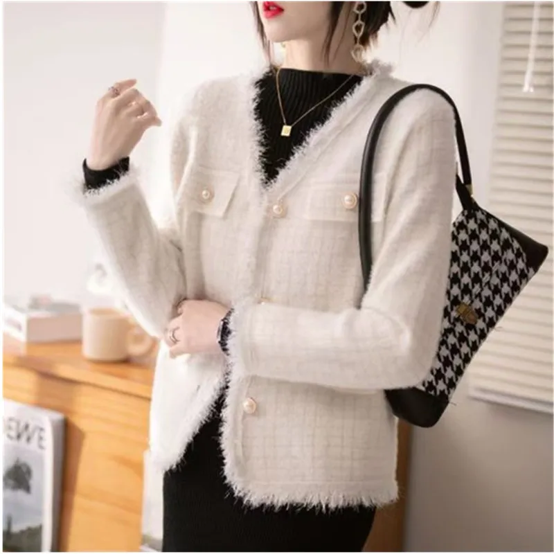 Женский вязаный кардиган UHYTGF куртка из искусственной норки и бархата