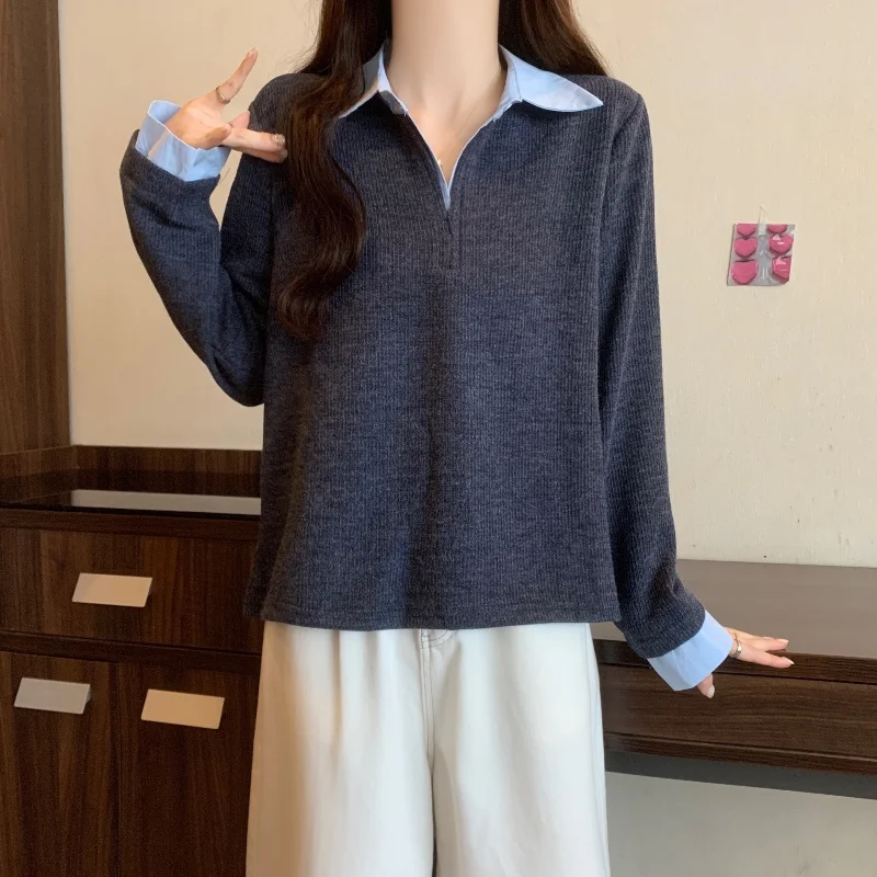 Женская одежда больших размеров корейский топ из двух предметов в стиле пэчворк