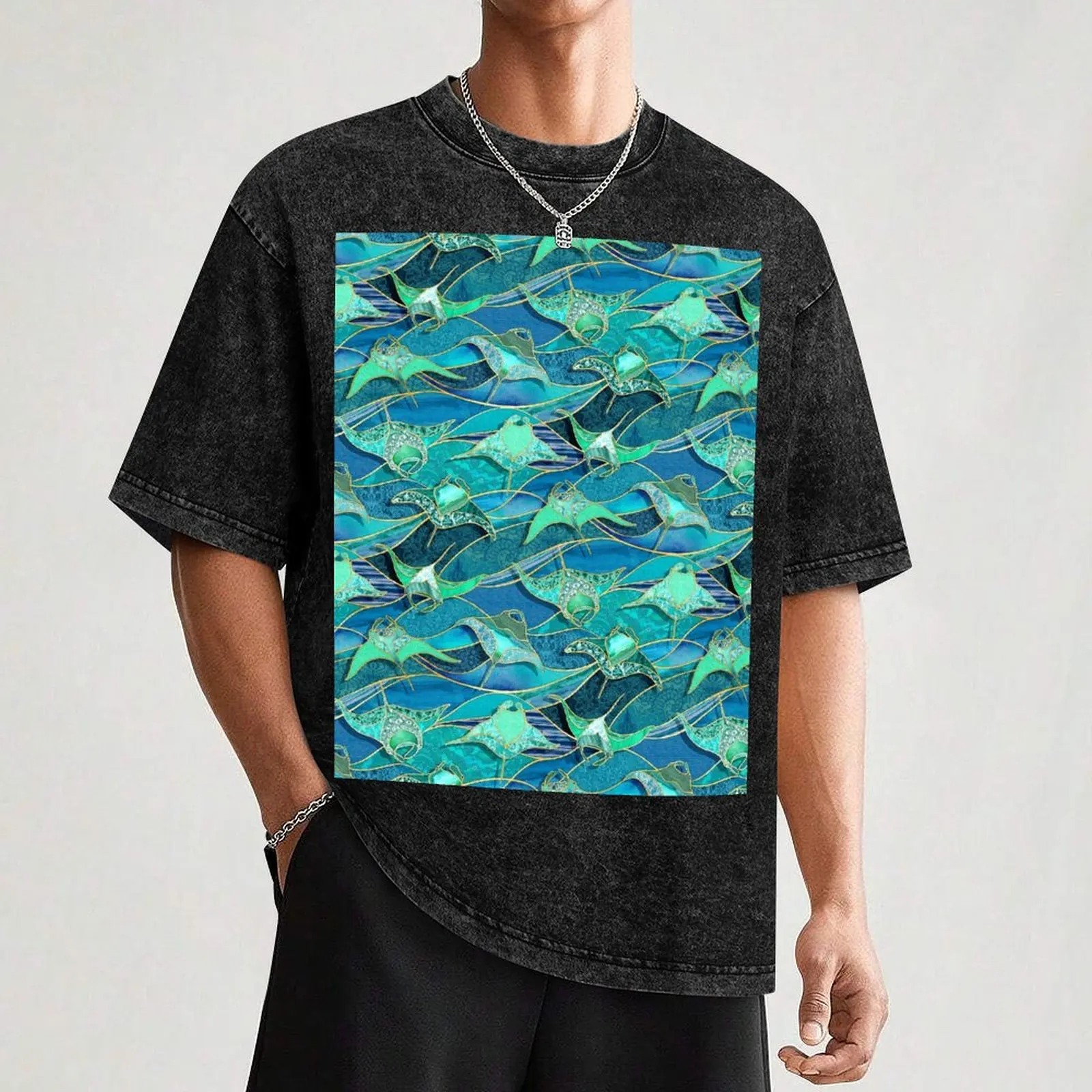 Лоскутная футболка Manta Rays in Teal Blue and Jade Green бутик одежды на день Святого Валентина