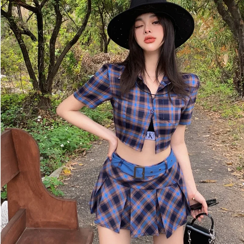 

Женский комплект из двух предметов, облегающий клетчатый топ и юбка-трапеция с высокой талией, комплект из двух предметов для девушек, Y2k, на ...