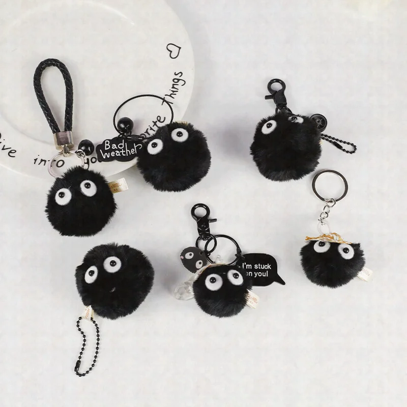 

Cartoon Real Mink Hair Small Coal Ball Car Bag Key Chain Pendant Cute Children Plush Black Coal Dust Fairy Book Bag Pendant