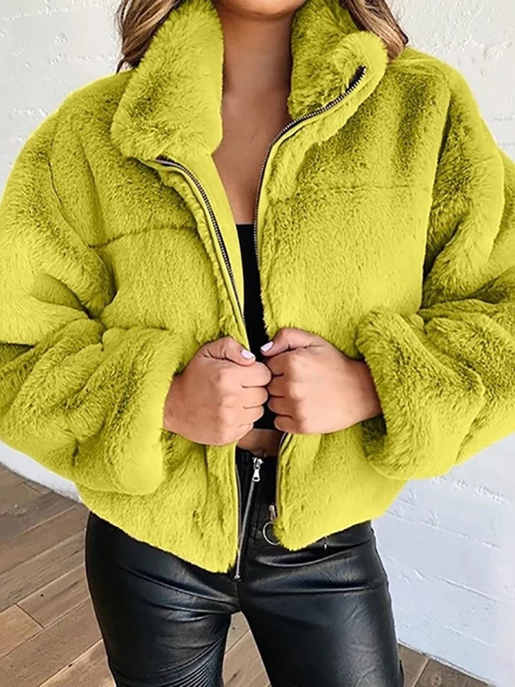 Winter Women Faux Fur Coat Fluffy Warm Soft Jackets Fashion Zipper Pocket Sweatshirt Long Sleeve Clothing Female Fleece Outwear