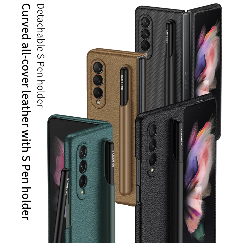 

Однотонный кожаный чехол с полной защитой для Samsung Galaxy Z, Складывающийся в 3 раза, пластиковый съемный S-образный держатель с карманом для руч...