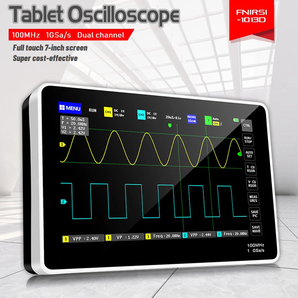 

FNIRSI 1013D Oscilloscope Digital Tablet Oscilloscope Dual Channel 100M Bandwidth 1GS Sampling Rate Mini Digital Oscilloscope