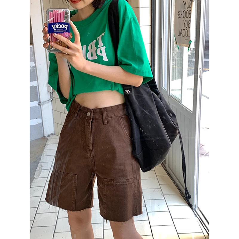 

Brown High Waist Women Shorts Jeans Wide Leg Baggy Denim Shorts Summer Streetwear Five Points Trousers Straight Jean Short Pants