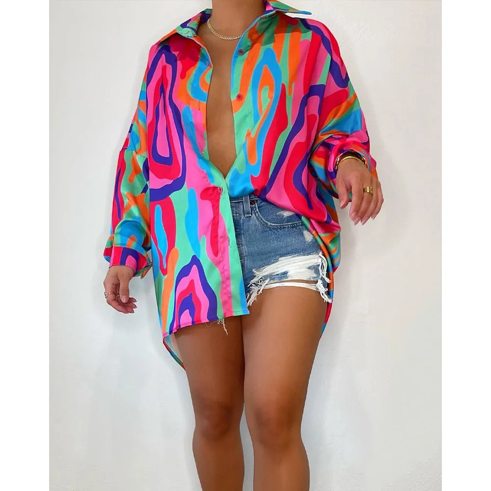

Fashion Long Sleeve Abstract Print Button Down Shirt Women Sexy Elegant Top Femme Vintage Casual Blouses Autumn