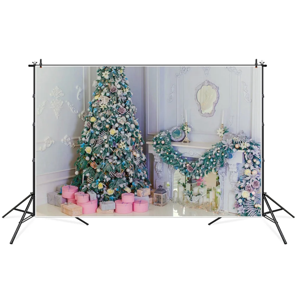 

Christmas Tree Garland Fireplace Gifts Candle Lantern Photography Backdrops Custom Baby Party Decoration Photo Booth Backgrounds