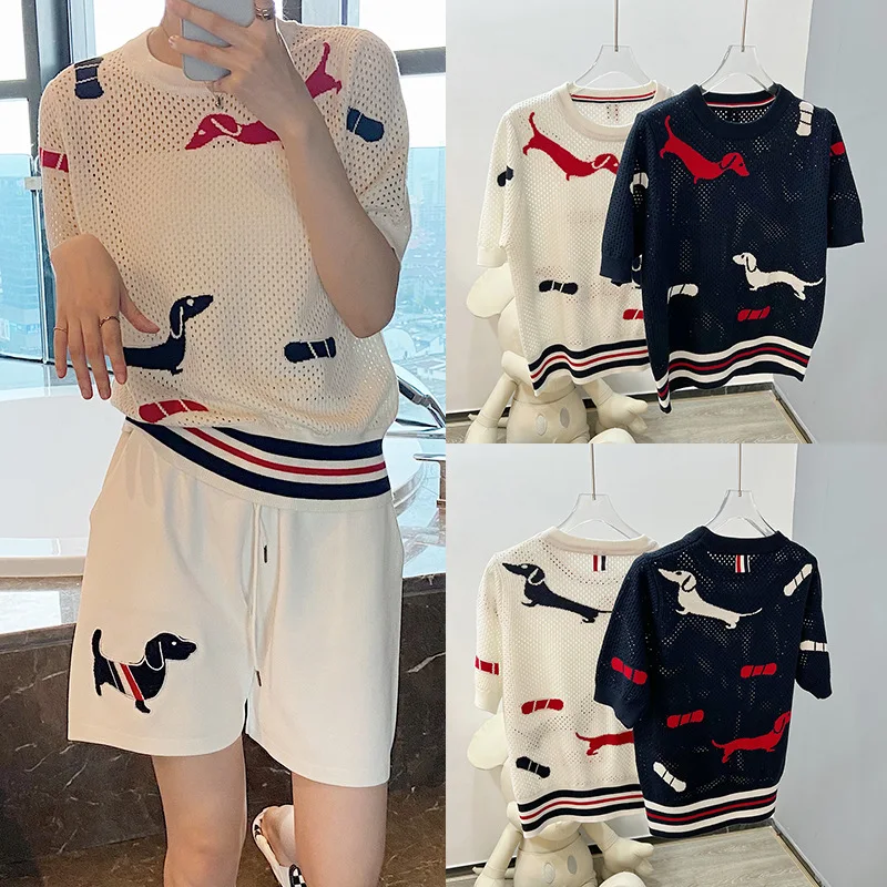 

TB22 spring/summer tb short-sleeved T-chest hollow cute dog bow hit color ice silk sweater women's top trend