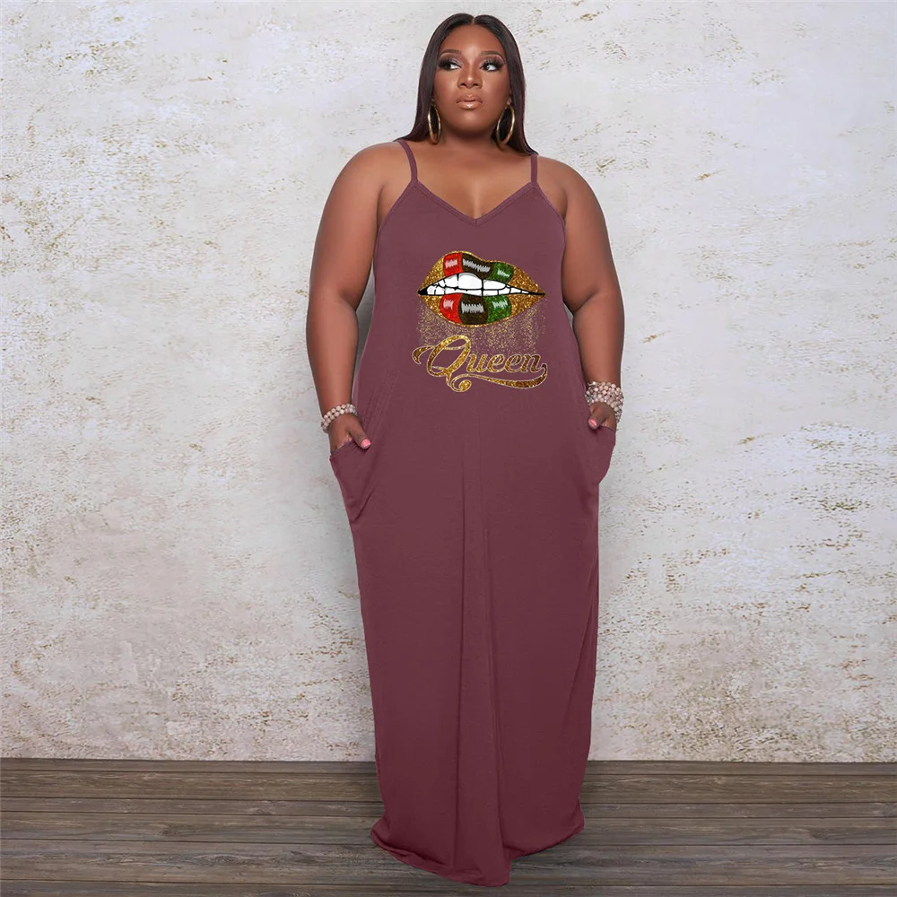 Plus Size Dresses for Women Clothing Lip Print Sexy Elegant Stretch Slip Casual Loose Maxi Dresses Who 3xl 4xl 5xl 6xl