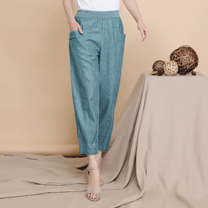 

Женские льняные шаровары для женщин среднего возраста, летние свободные повседневные брюки с эластичным поясом, тонкие женские брюки с карманами, модель 4XL, 2023