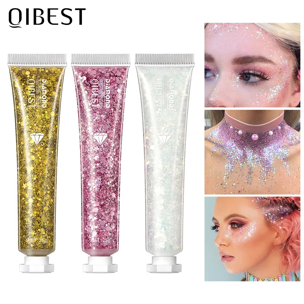 QIBEST Monochrome Burst Eye Shadow Sequin Cream Dazzling Highlight Face Body Glitter Gel Stage Makeup